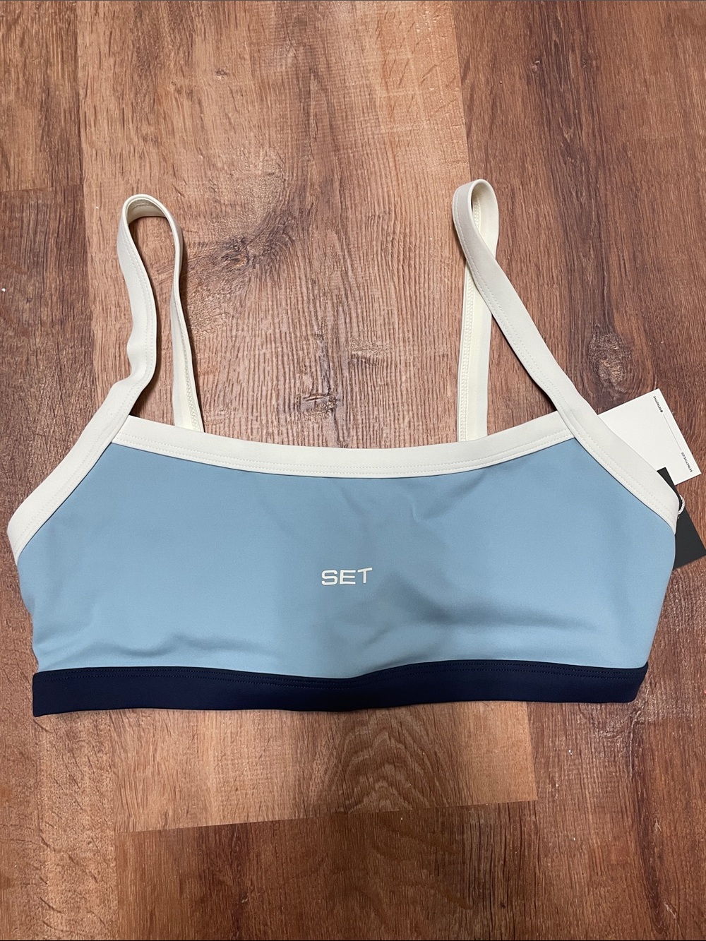 SET Active Light Blue Bralette with Cream Straps and Navy Band